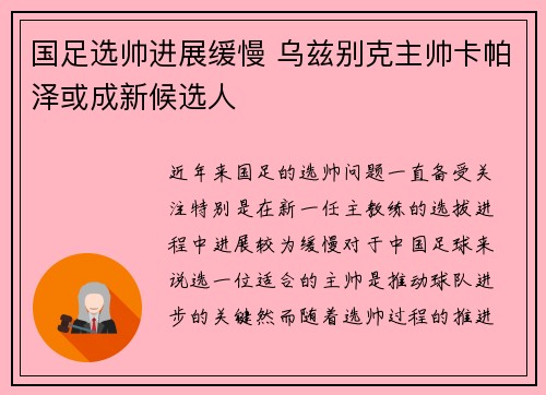 国足选帅进展缓慢 乌兹别克主帅卡帕泽或成新候选人