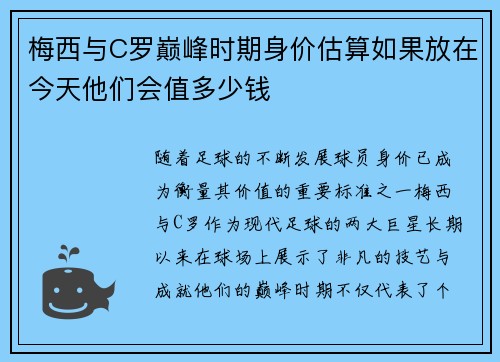 梅西与C罗巅峰时期身价估算如果放在今天他们会值多少钱